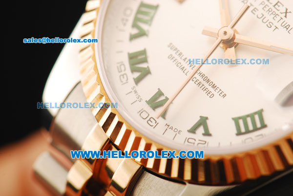 Rolex Datejust Oyster Perpetual Automatic Movement Steel Case with White Dial and Green Roman Numerals -Two Tone Strap - Click Image to Close